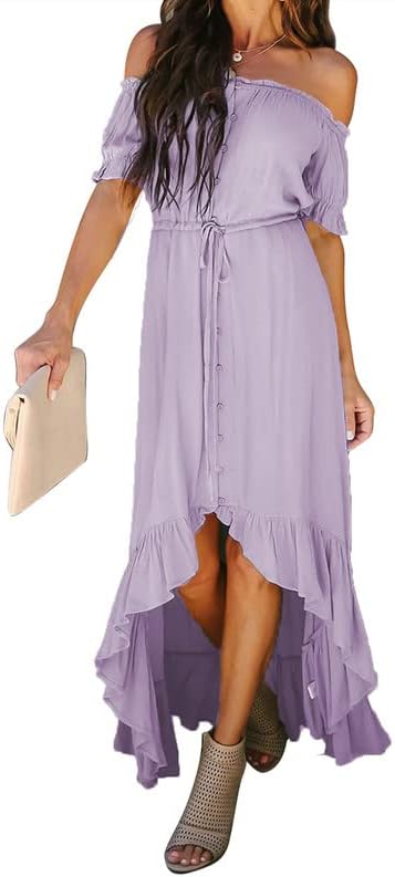 Dokotoo Womens 2023 Off The Shoulder Casual Short Sleeve Maxi Dress High Low Solid Cocktail Skater Dresses