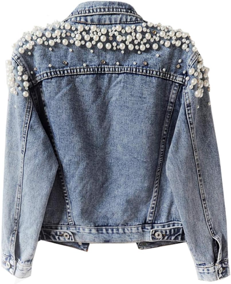 Kedera Women's Embroidered Rivet Pearl Short Denim Jacket Coat