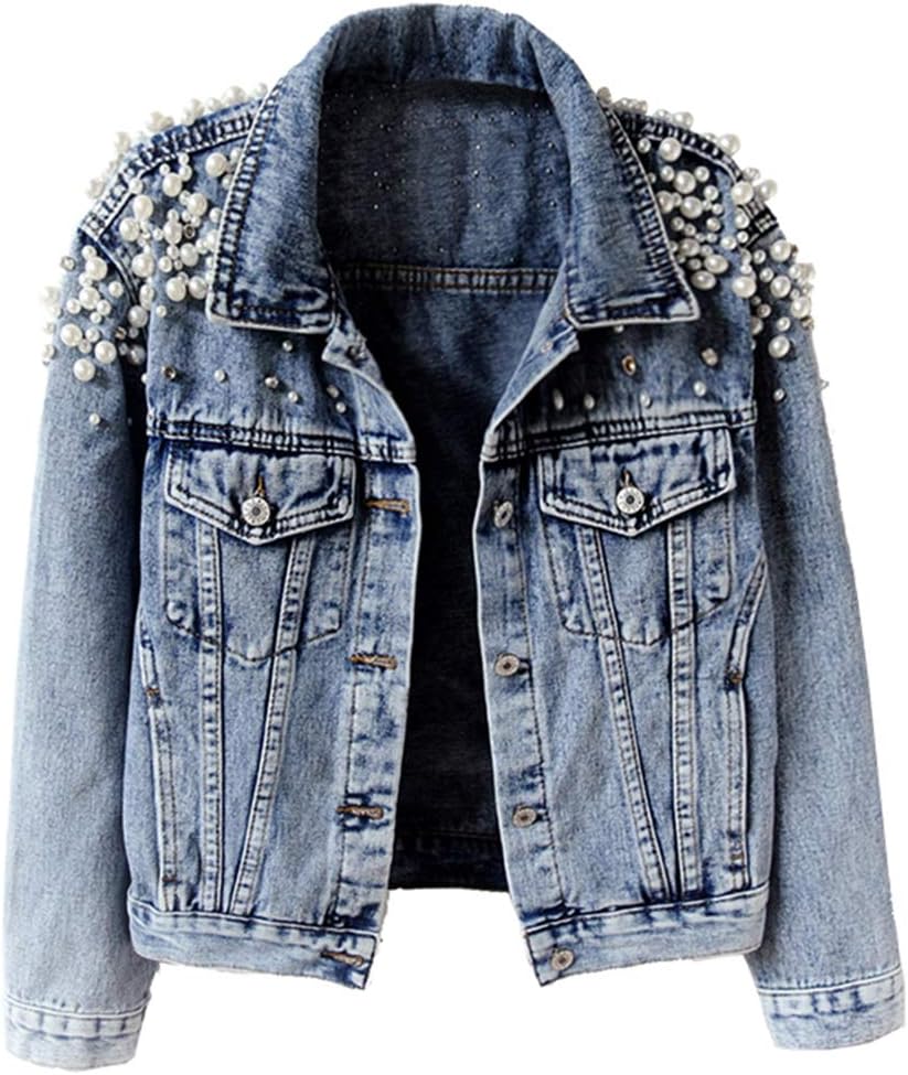 Kedera Women's Embroidered Rivet Pearl Short Denim Jacket Coat