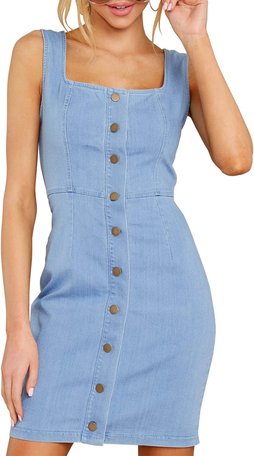 luvamia Women's Casual V Neck Sleeveless Jeans Button Down Denim Short Dress