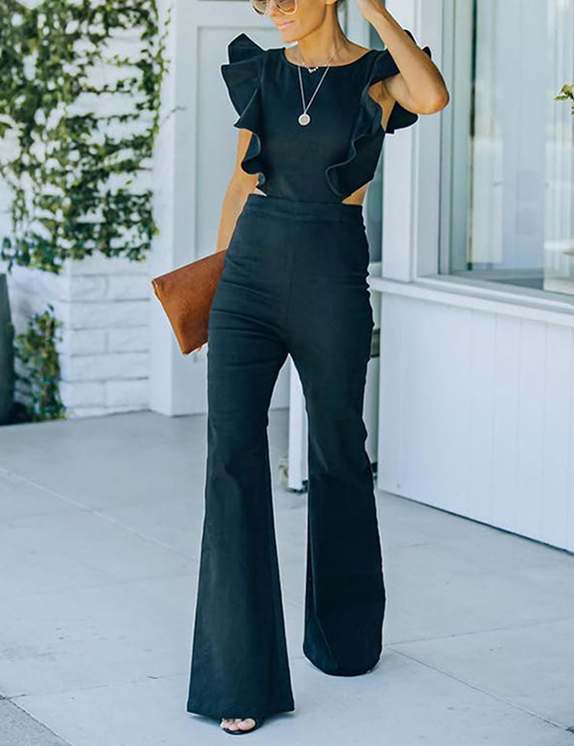 Omoone Women's Flared Denim Jumpsuit Ruffle Sleeve Backless Jeans Jumper Long Rompers