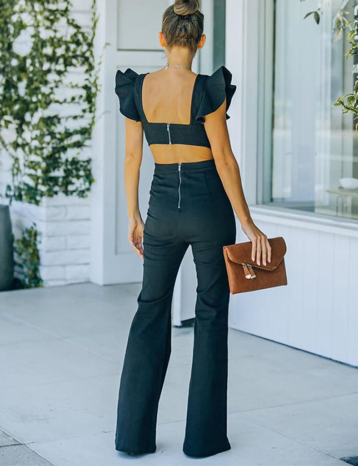 Omoone Women's Flared Denim Jumpsuit Ruffle Sleeve Backless Jeans Jumper Long Rompers