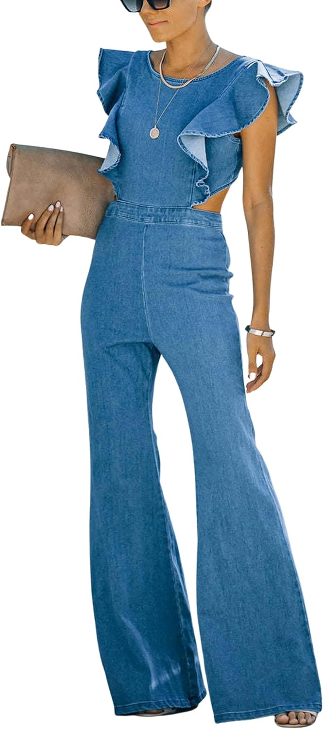 Omoone Women's Flared Denim Jumpsuit Ruffle Sleeve Backless Jeans Jumper Long Rompers