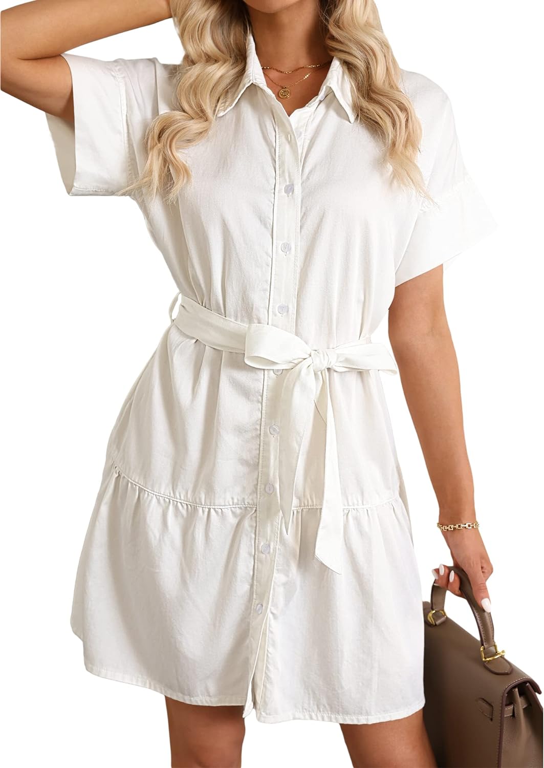 GRAPENT Denim Dress for Women Summer Button Down Belted Short Dresses Flowy Western Casual Jean Dress