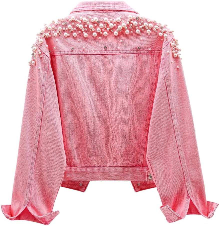 Kedera Women's Embroidered Rivet Pearl Short Denim Jacket Coat