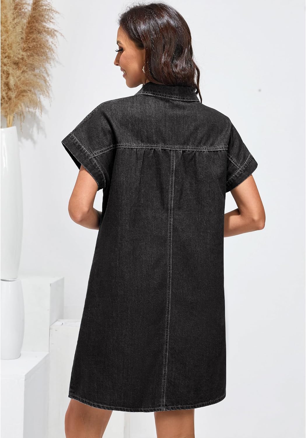 luvamia Denim Dress for Women Summer Short Sleeve Button Down Collared Pleated Western Jean Dresses with Pockets Relaxed