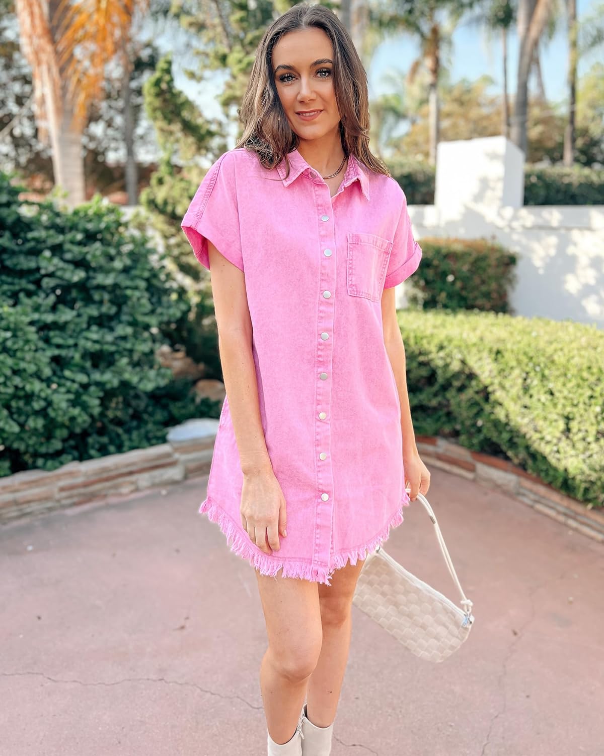 luvamia Denim Dress for Women Button Down Short Sleeves Casual Summer Jean Shirt Dresses with Pockets Frayed Hem