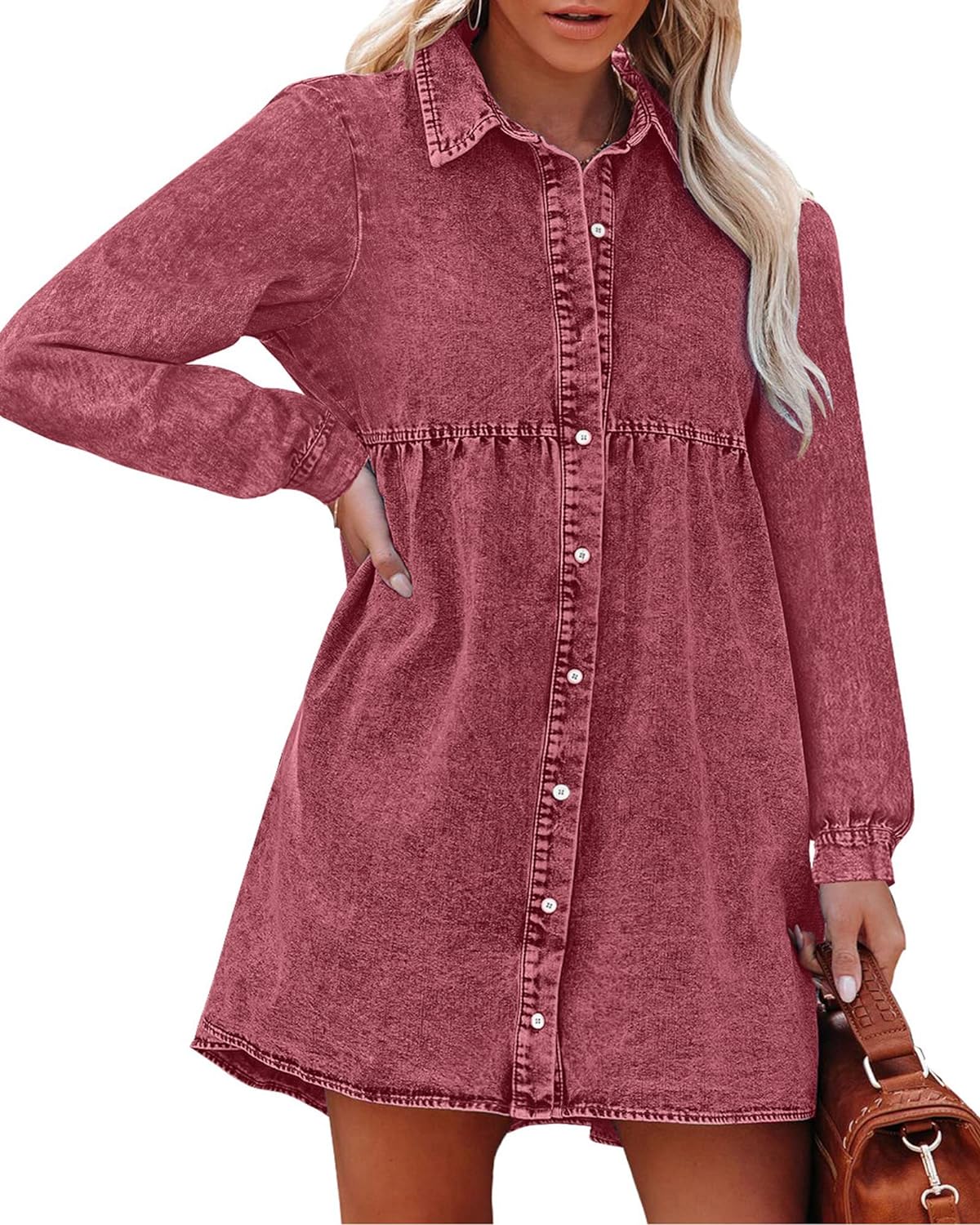 luvamia Denim Dress for Women Babydoll Flowy Cute Jean Shirt Dresses Long Sleeves