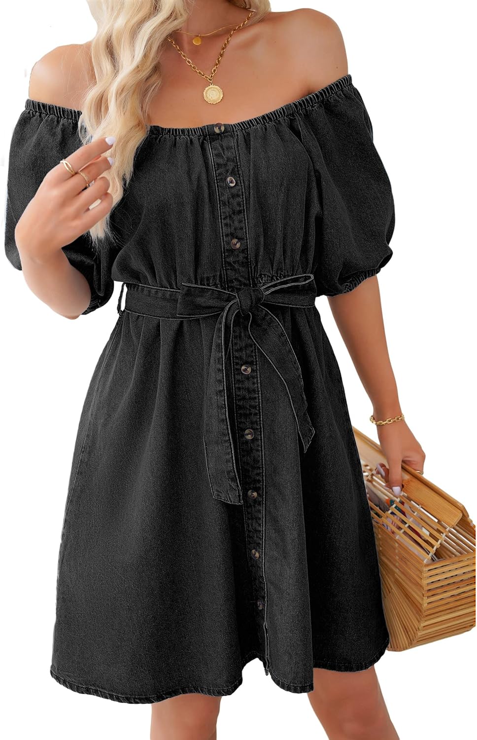 luvamia Denim Dress for Women Off The Shoulder Dresses Puff Sleeve Elastic Waist A Line Short Western Jean Dress Belted