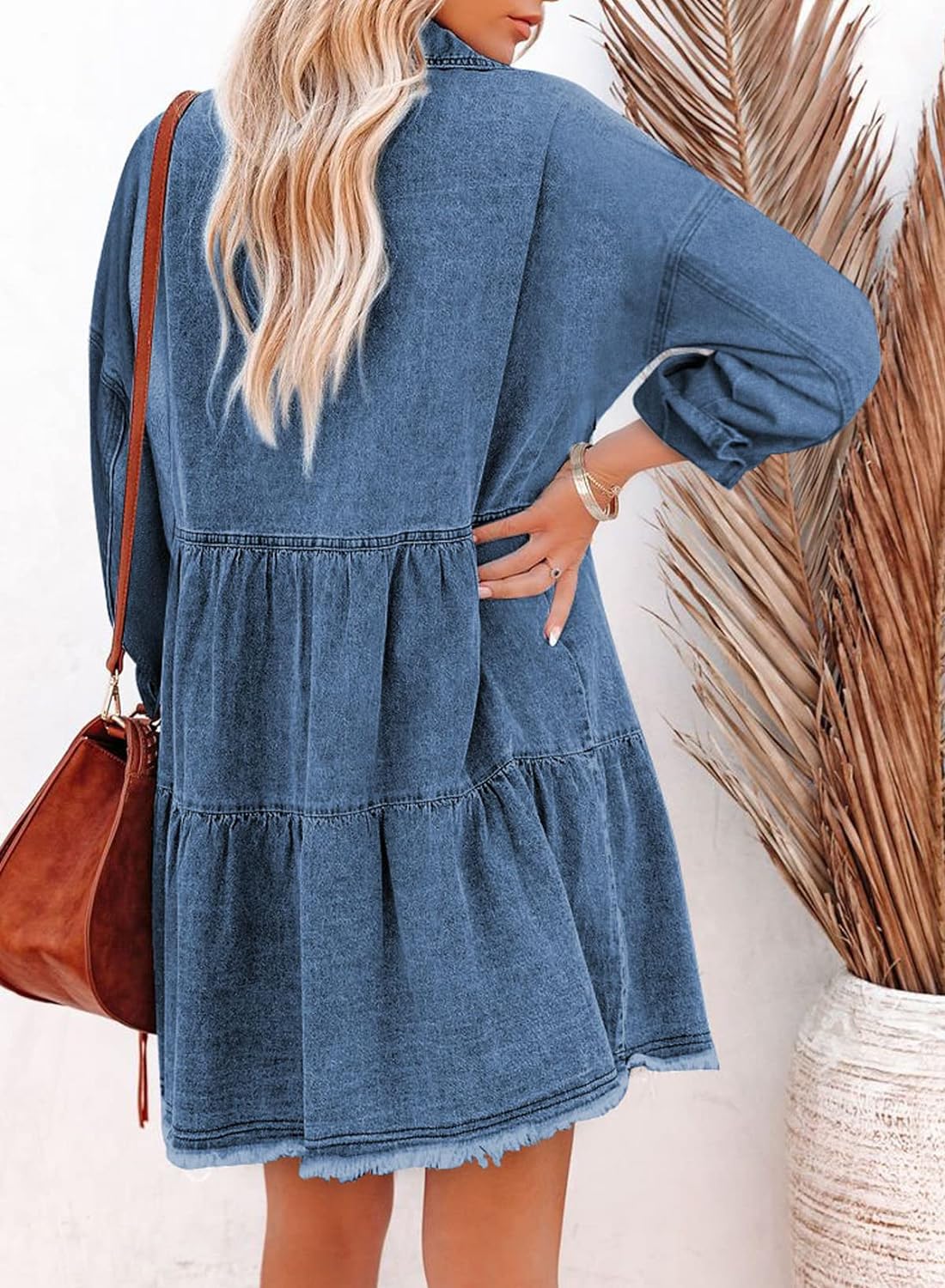 Sidefeel Womens Buttoned Frayed Pocket Short Sleeve Denim Jean Dresses