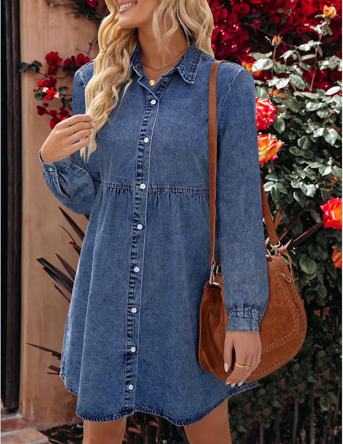 luvamia Denim Dress for Women Babydoll Flowy Cute Jean Shirt Dresses Long Sleeves