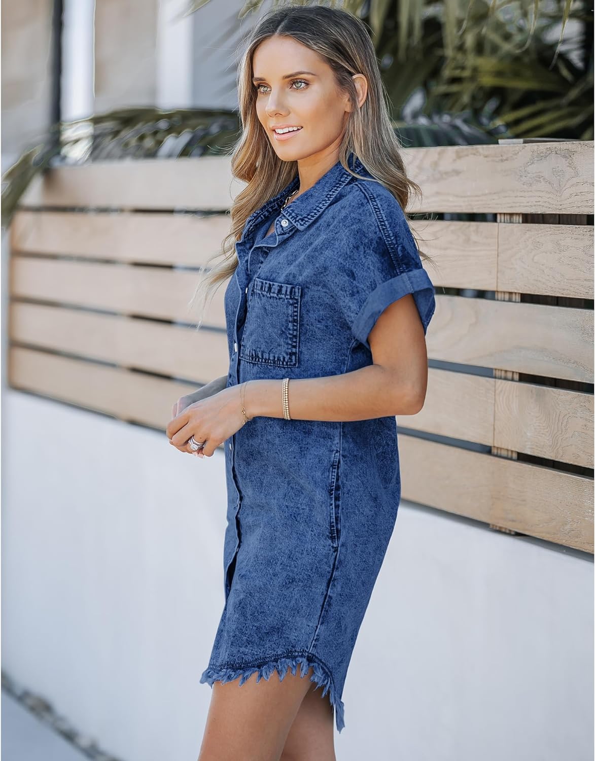 luvamia Denim Dress for Women Button Down Short Sleeves Casual Summer Jean Shirt Dresses with Pockets Frayed Hem