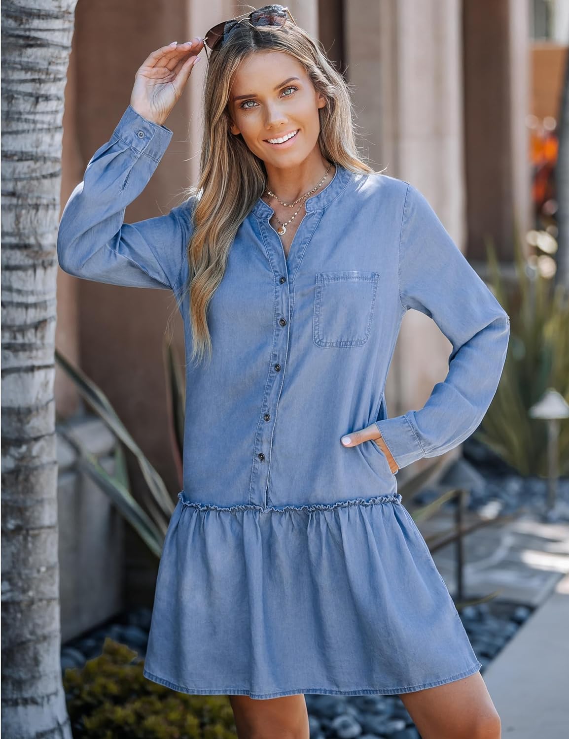 luvamia Denim Dress for Women Long Sleeve Shift Button Down Ruffle Jean Dresses Chambray Western Short Dresses Pockets