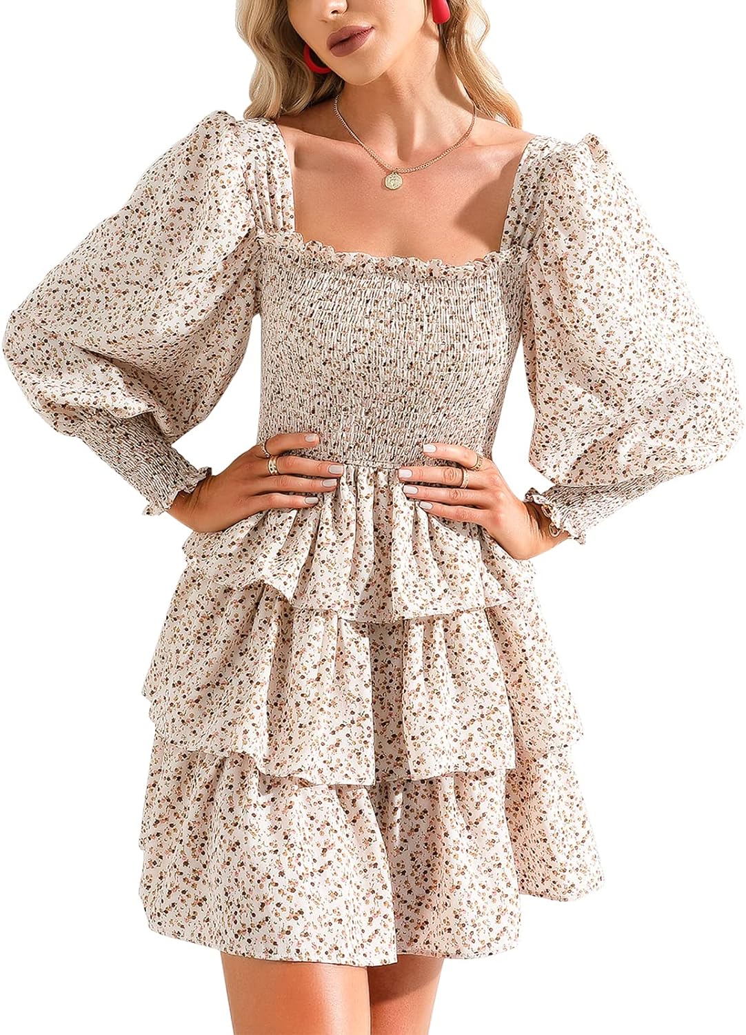 Byinns Women's 2024 Square Neck Ruffle Dress Long Sleeve Floral Print Tiered Tie Back Layered Swing Mini Dress
