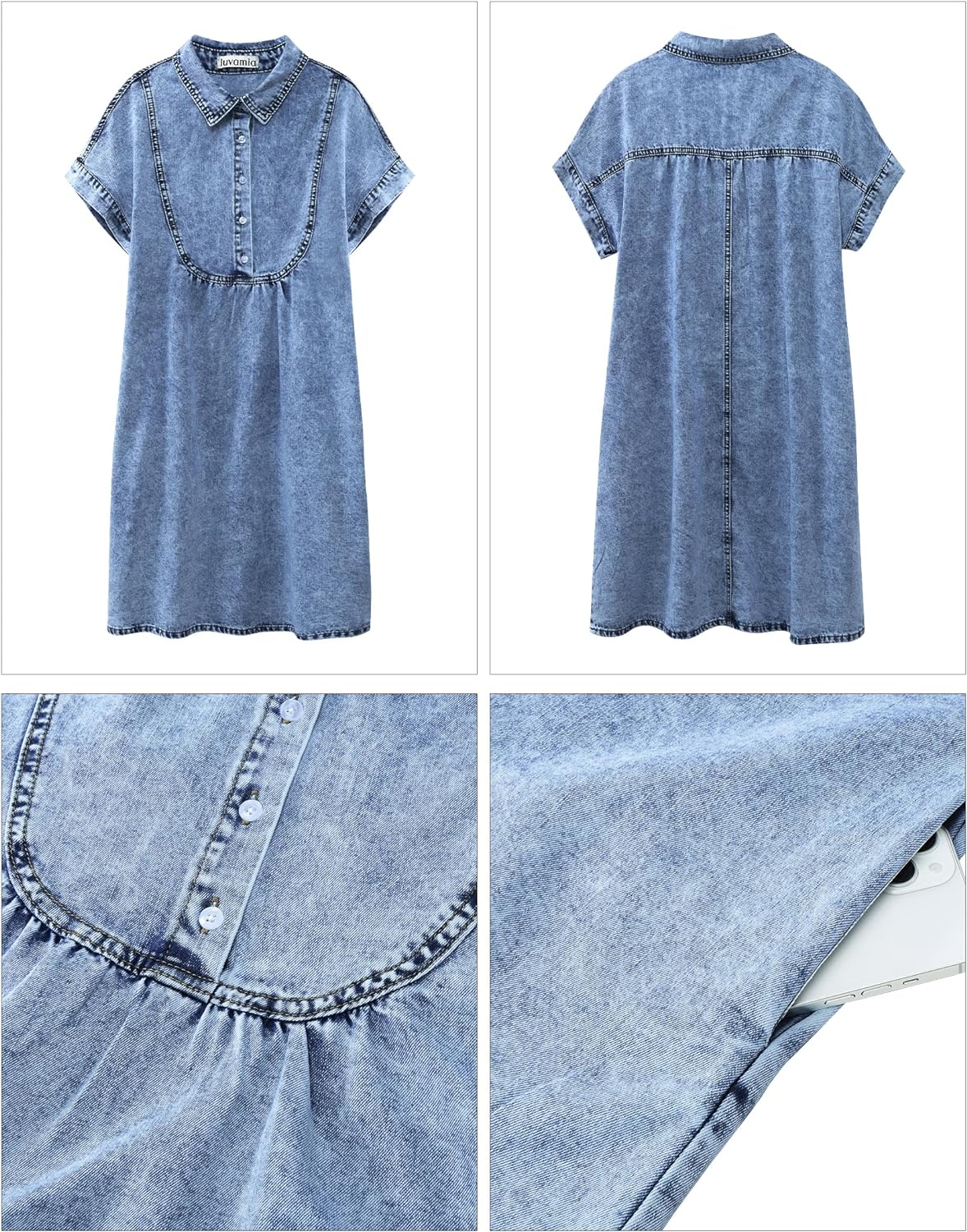 luvamia Denim Dress for Women Summer Short Sleeve Button Down Collared Pleated Western Jean Dresses with Pockets Relaxed