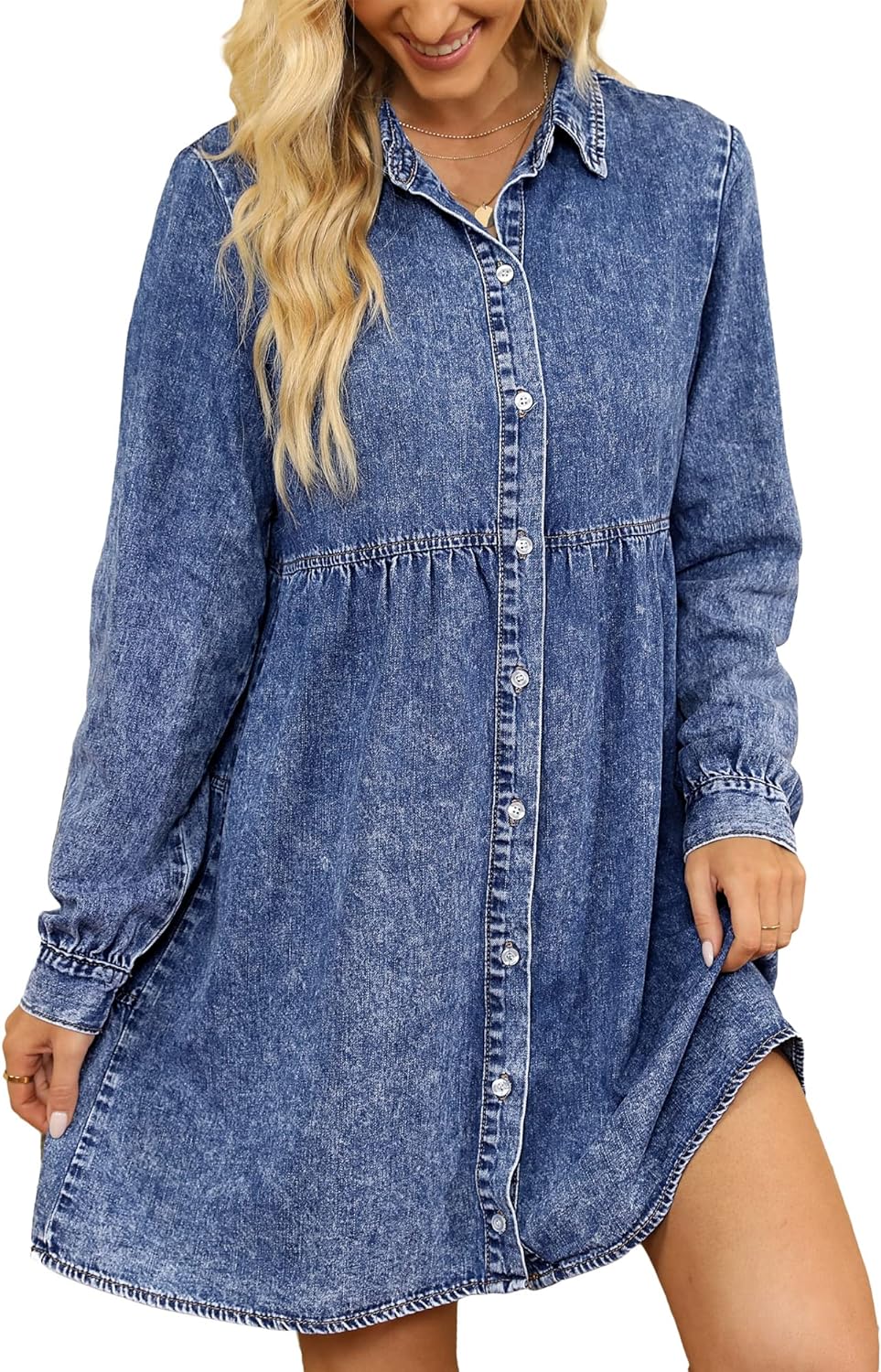 luvamia Denim Dress for Women Babydoll Flowy Cute Jean Shirt Dresses Long Sleeves
